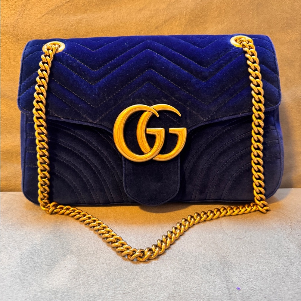 Authentic Gucci medium 30 cm Marmont Blue Velvet GG Chain Shoulder Bag